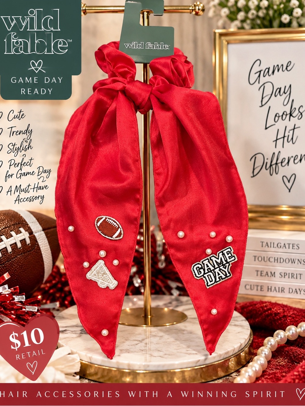 Wild Fable Red Game Day Football Satin Scarf Scrunchie Pearls Gold Glitter NWT
